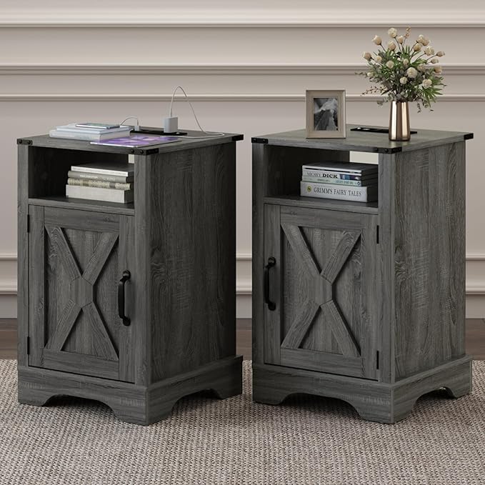 RoyalCraft Set of 1 Farmhouse Nightstand, Grey End Table with Charging Station, Tall Bedside Table with Large Storage Room and Shelf, Wooden Rustic Side Table for Bedroom, Home Office, Dark Grey