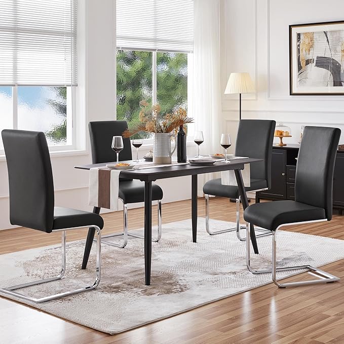 Yaheetech Dining Chairs Set of 4 Modern Faux Leather Upholstered Dining Room Chairs with High Back and Metal Chrome Legs for Kitchen/Living Room/Restaurant, Black