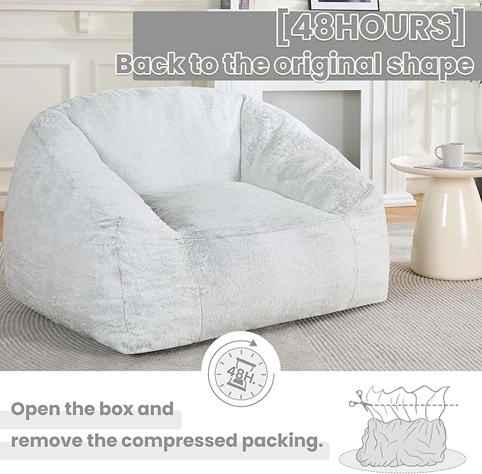 Bean Bag Chairs for Adults, Giant Beanbag Sofa Comfy Reading Chair, Oversized Bean Bag Chairs for Living Room Bedroom, Soft Faux Fur Fabric, 3.2FT, Light Grey, Plush