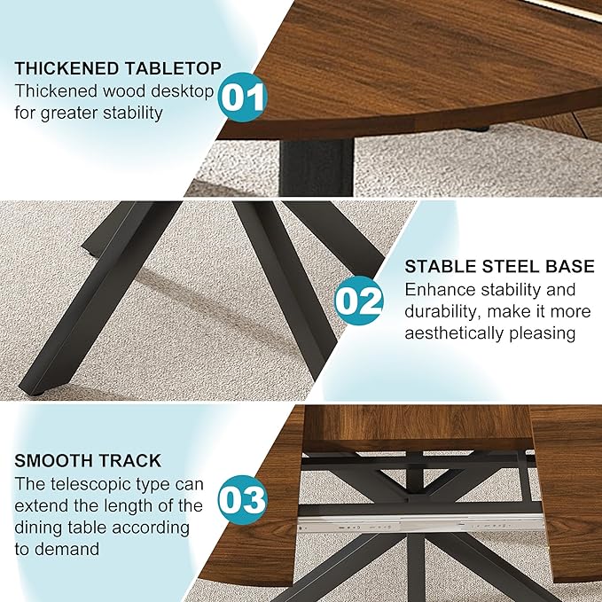 43"- 59" Extendable Dining Table for 4-6, Retractable Round Dinner Table Wood Oval Kitchen Tables Farmhouse Steel Base Dining Room Tables for Small Space, Kitchen, Living Room, Walnut
