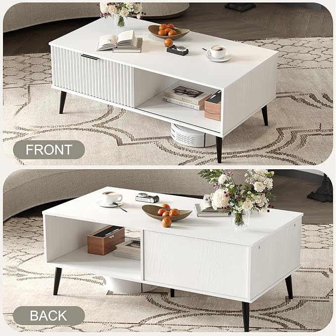 41.34''D Coffee Table, 2-Tiers Farmhouse Coffee Tables With Storage and Sliding Wave Pattern Door, Modren Tea Table, Wooden Dining Center Tables for Living Room, Office, Bedroom, Outdoors, White
