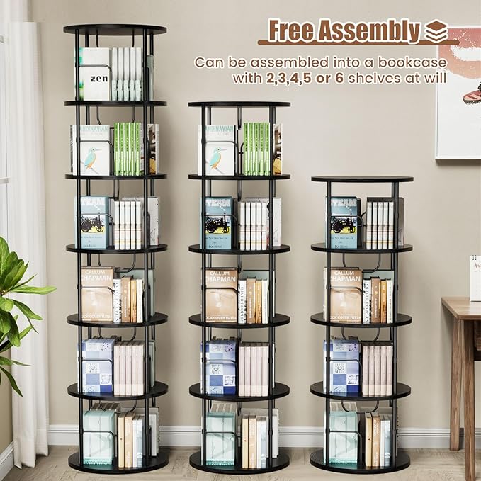 6 Tier Rotating Bookshelf, 360 ° Display Stackable Spinning Bookshelf Tower, Corner Bookshelf Tall Floor Standing Swivel Bookcase Narrow Storage Organizer for Bedroom, Living Room, Black