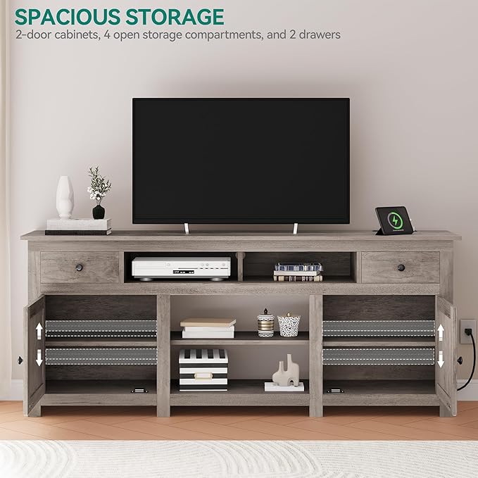 YITAHOME TV Stand for 75/80 Inch TV, Farmhouse Entertainment Center with Storage, 70 Inch TV Cabinet with Drawers and Power Outlet, TV Console for Living Room (Grey Oak)