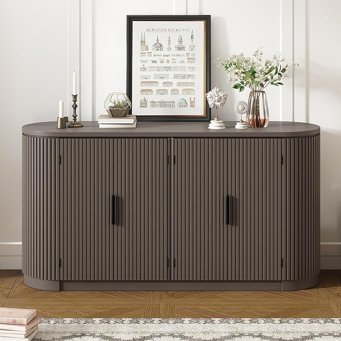 Merax 63" Large Sideboard, Vertical Striped Storage Cabinet with 4 Door, Metal Handles, Adjustable Shelf, Suitable for Study, Entryway and Living Room, Brown