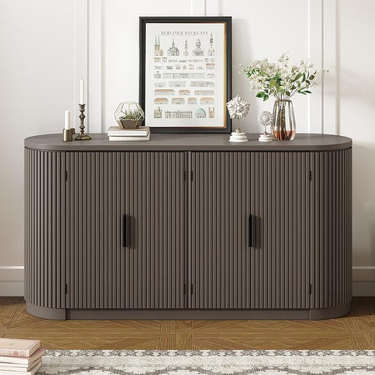 Merax 63" Large Sideboard, Vertical Striped Storage Cabinet with 4 Door, Metal Handles, Adjustable Shelf, Suitable for Study, Entryway and Living Room, Brown