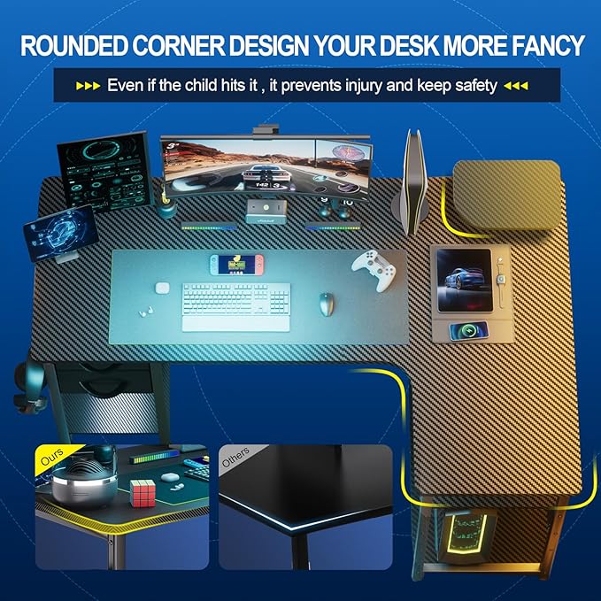GTRACING Gaming Desk with Drawers, Carbon Fiber Style L Shaped Computer Desk Compatible with Monitor Arm Corner Desk Gaming Table for Home Office Desks, Easy to Assemble Adjustable Shelf Height