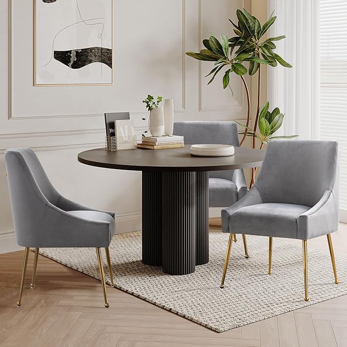 Modern Velvet Dining Chairs Set of 4, Contemporary Upholstered Furniture Collection with Polished Gold Metal Legs, Elegant Accent Chairs for Kitchen Living Room(Grey)