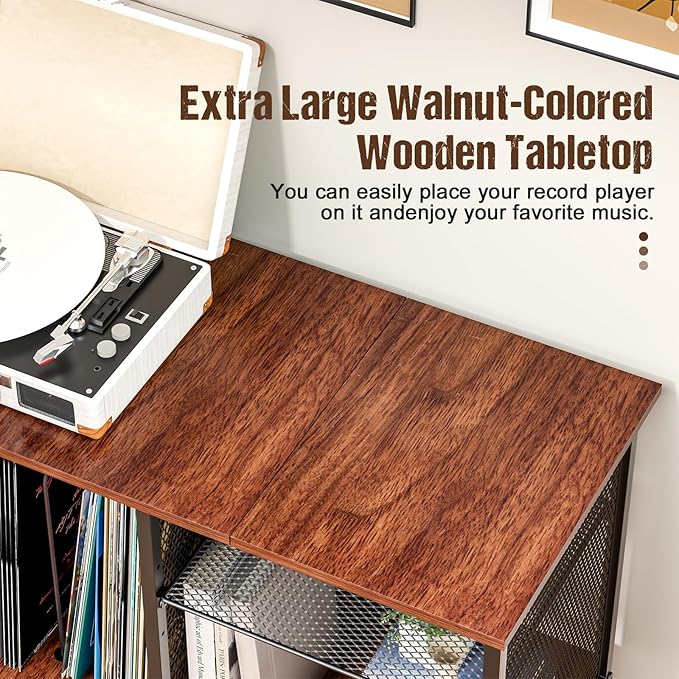 Record Player Stand with Adjustable Divider, Vinyl Storage Holder Up to 200 Albums, Mid-Century Large Record Player Table, Vinyl Holder Turntable Stand End Table Storage Rack for Bedroom & Living Room