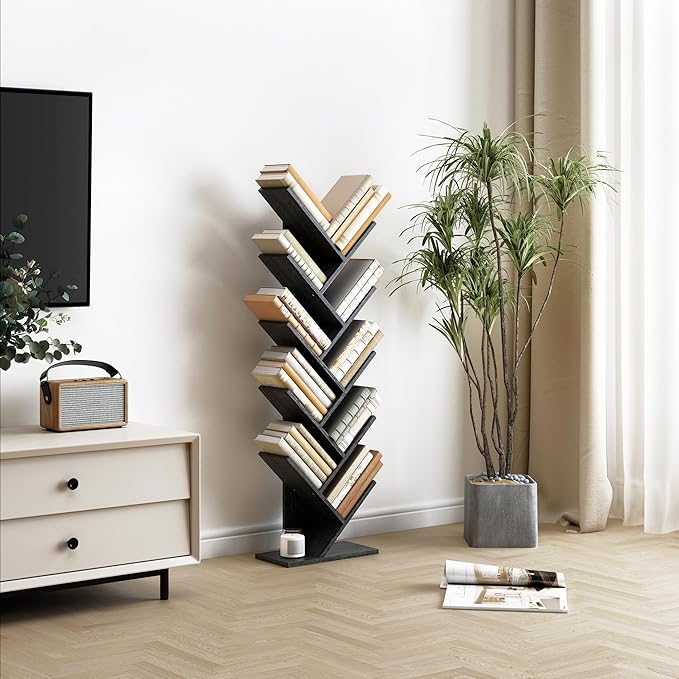 Hoctieon 10 Tier Tree Bookshelf, 10 Shelf Bookcase, Free Standing Tree Bookcase, Display Floor Standing Shelf for Books, Book Organizer Shelves for Home Office, Living Room, Bedroom, Black