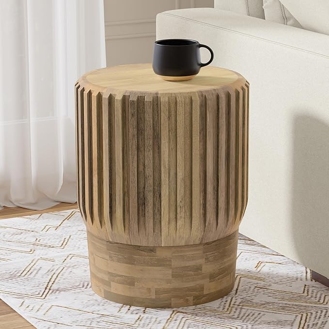 SIMPLIHOME Lyall End Table - 16 inch Wide Solid Mango Wood Round Accent Table with Fluted Sides in Natural, Contemporary Nightstand or Lamp Stand for Living Room or Bedroom, Assembled