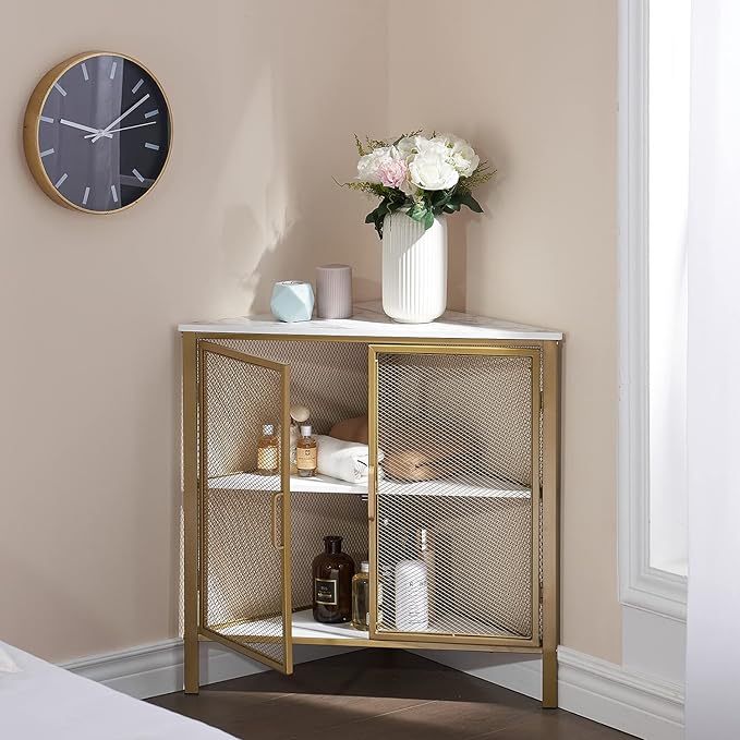 VECELO Corner Cabinet/Table, 3-Tier Shelves with Protection Door, Metal Frame Storage Shelf Organizer for Small Space, Living Room, Kitchen, Bathroom, Set of 1, Gold
