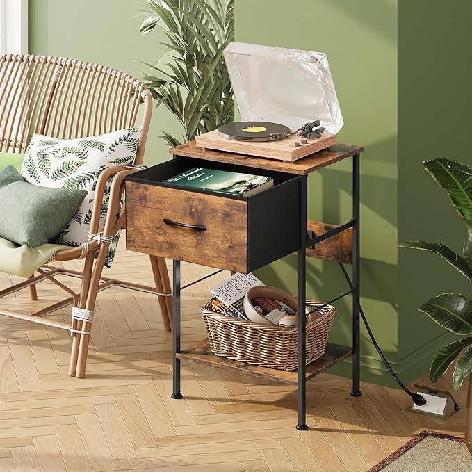 WLIVE Night Stand with Charging Station, Small Nightstand with Fabric Drawer and Open Shelf, 25" H Bedside Table for Bedroom, 2-Tier Storage End Tables, Dresser for Dorm, Entryway, Rustic Brown