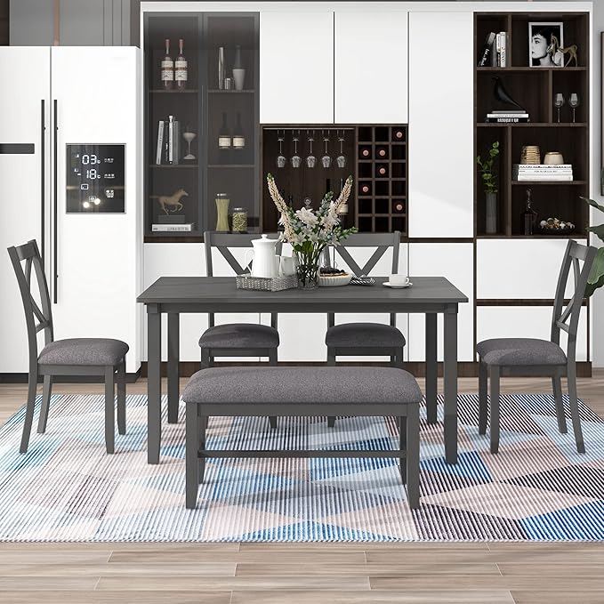 Ball & Cast 6 Piece Dining Table Set with 4 "X-Shaped Curved Backres Fabric Chairs & 1 Bench,Living Room Furniture W/ 60" Rectangle Kitchen Desk,for Restaurant,Home Bistro,Gray