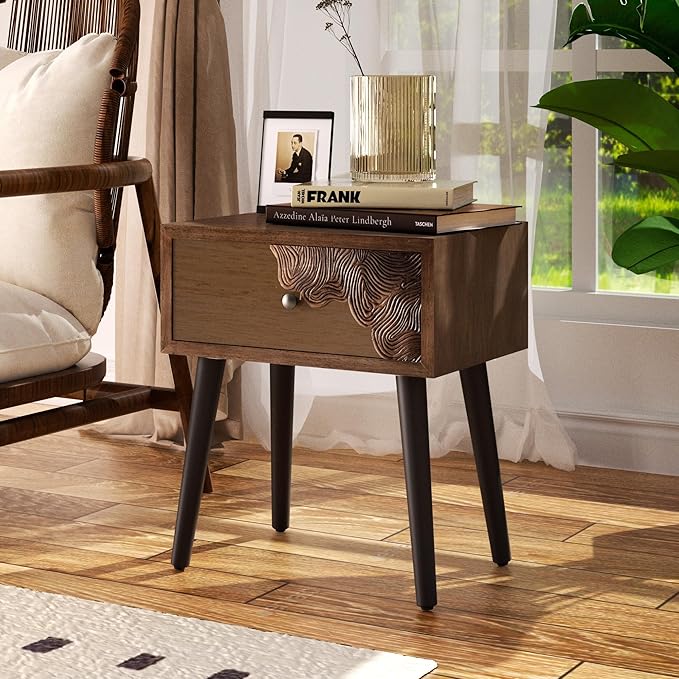 COSIEST Nightstand with Storage Drawer, Mid Century Modern Nightstand, Accent Side Table, Vintage Wood Luxury Night Stand Small Wood End Table for Bedroom, Living Room, Walnut