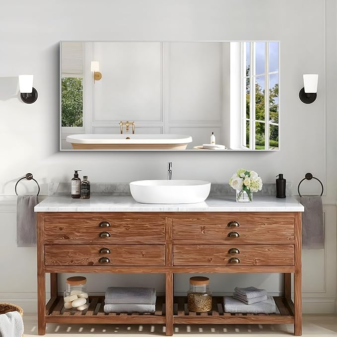 KOCUUY 24x48 Inch Large Silver Wall Mounted Mirror,Brushed Nickel Framed Rectangular Mirror for Wall Over Sink,Modern Design for Bedroom Living Room Bathroom,Functional Oversized Mirror