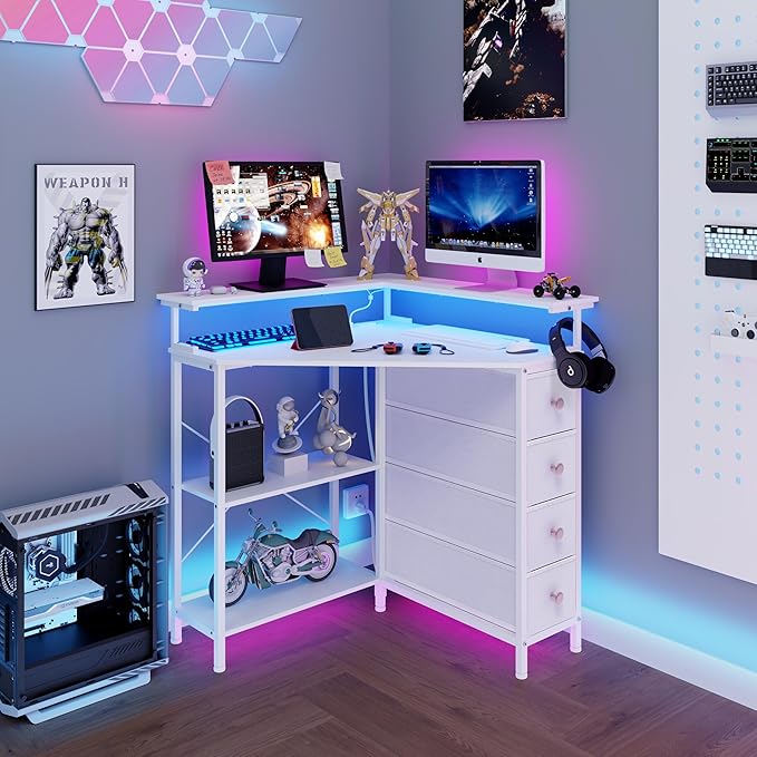 Corner Desk with Drawers Shelves for Small Space 90 Degrees Triangle Computer Desk with Power Outlets,Gaming Desk with LED Lights Monitor Stand for Home Office Workstation Writing Table (White)