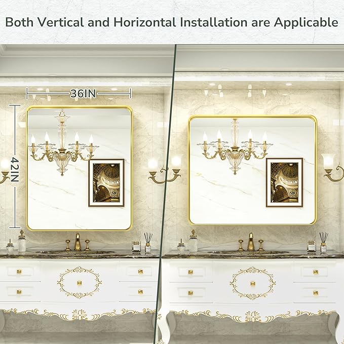 TokeShimi Gold Bathroom Mirror for Wall 42x36 Inch Rounded Corner Rectangle in Aluminum Alloy Brass Metal Frame Deep Set Design Hangs Horizontal Or Vertical Farmhouse