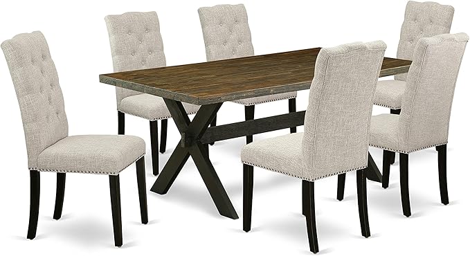 East West Furniture X677EL635-7 7 Piece Dining Table Set Consist of a Rectangle Kitchen Table with X-Legs and 6 Doeskin Linen Fabric Parson Dining Room Chairs, 40x72 Inch, Multi-Color