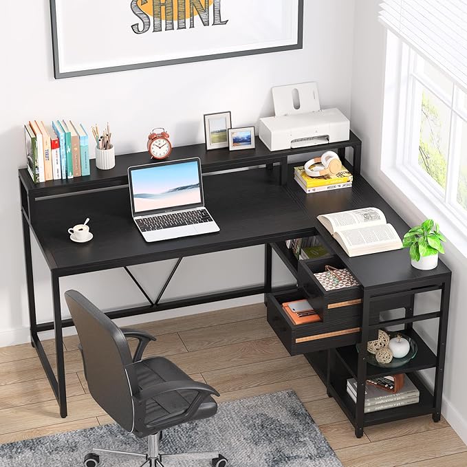 Tribesigns L Shaped Desk with Drawer and Monitor Stand, BlackCorner Desk Home Office Table with Storage Shelves, Black PC Desk for Small Space