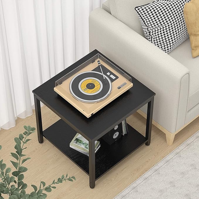 Homieasy Side Table 20 Inch Square, 2-Tier Coffee Tea End Table Nightstands for Sofa Couch Bed, Metal Wood Accent Modern Simple Industrial Style Side Table for Living Room Bedroom, Black