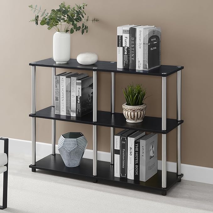 Convenience Concepts Designs2Go No Tools 3 Tier Wide Console Table 42" - Modern Multipurpose Accent with Shelves for TV Media Center, Office Desk Extension, Entryway Display, & Home Storage, Black