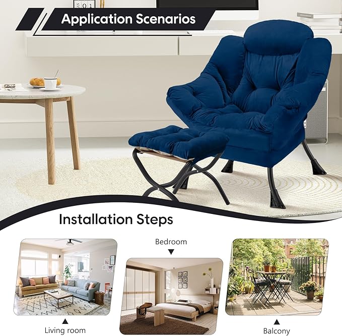 Lazy Chair with Folding Ottoman Modern Large Accent Chair,Contemporary Lounge Leisure Sofa Chair with Armrests Upholstered Sofa Armchair Reading Chair for Bedroom,Dorm & Office(Navy-f)