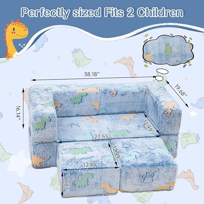 Lamerge Toddler Couch Glow in The Dark Toddler Fold Out Couch for playroom, Convertible Baby Fold Out Play Foam and Floor Cushion for Bedroom (Blue+Dinosaur)