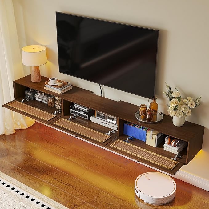 Fully-Assembled Floating TV Stand with 3 Rattan Doors, Rustic Floating Entertainment Center Under TV Shelf, Modern Large Storage Wall Mounted Media Console for Living Room Bedroom 47IN