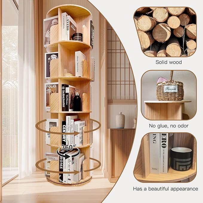 Rotating Bookshelf,360 Display Round 5 Tier Floor Standing Bookcase Storage Rack,Wood Spinning Bookshelf Tower for Bedroom,Living Room