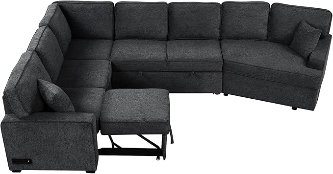 126" Extra Large Pull-Out Sofa Bed with Drop-Down Cup Holder Tables,L-Shaped Sectional Couch W/Charging Device,Convenient Sleeper Furniture Set for LivingRoom Apartment,Beige Chenille