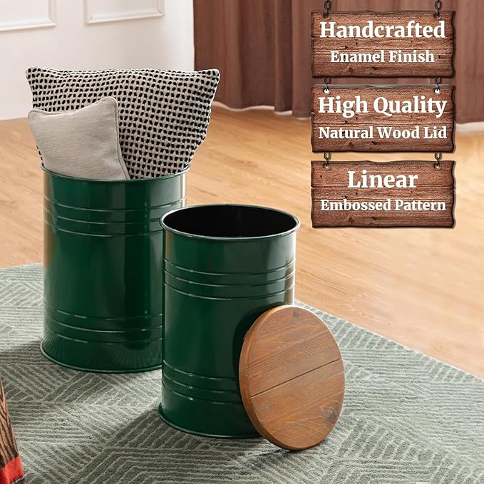 Glitzhome Farmhouse Accent Side Table, Metal Storage Stool Ottoman with Round Lid - Galvanized Coffee Cocktail End Tables Set of 2 for Living Room Bedroom, Hunter Green