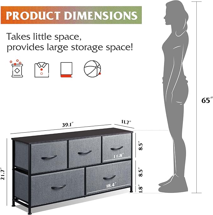 WLIVE Dresser for Bedroom with 5 Drawers, Wide Chest of Drawers, Fabric Dresser, Storage Organizer Unit with Fabric Bins for Closet, Living Room, Hallway, Dark Grey