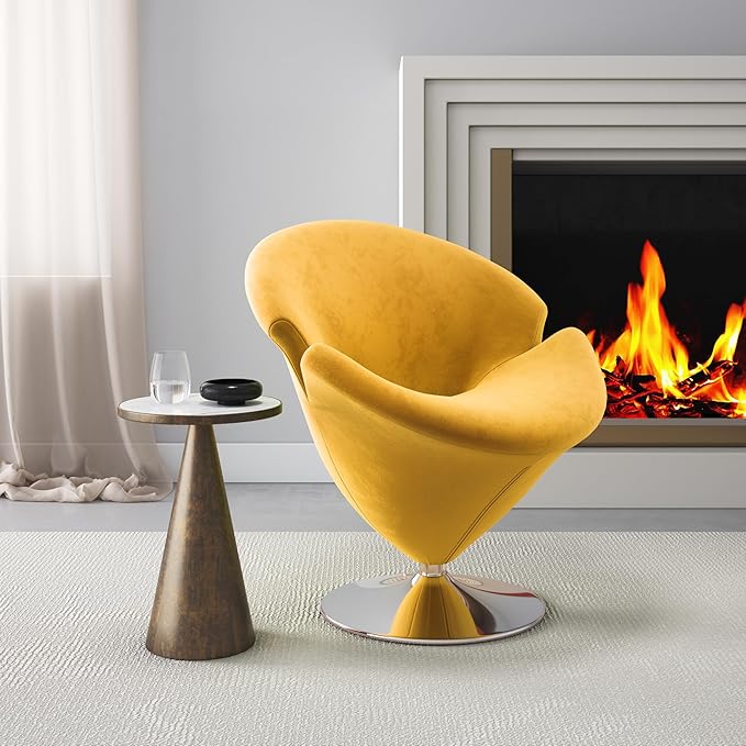 Manhattan Comfort Tulip Swivel Accent Chair Set of 2 with 360° Turn, Modern Flower Inspired Design, Soft Velvet Upholstery, Polished Chrome Base, No Assembly Required, 300 Lbs Capacity, Yellow