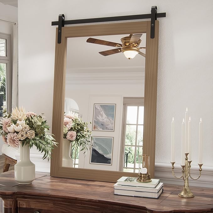 Brown Farmhouse Mirror for Wall, 22x30INCH Wood Framed Rectangle Bathroom Mirrors for Vanity, Barn Door Style Mirrors Wall Mounted Dresser Decor Mirror Living Room Bedroom Vertical