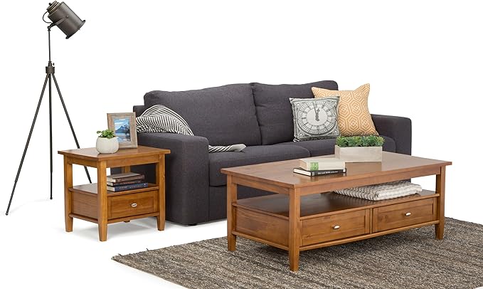 SIMPLIHOME Warm Shaker Coffee Table - 48 inch Wide Solid Wood Cocktail Table in Light Golden Brown, Transitional Living Room Table with 2 Storage Drawers and Open Shelf for Sitting Area or Lounge