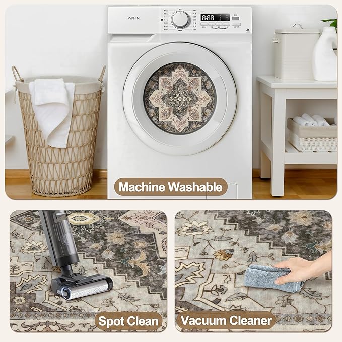 Tangsoo 2x3 Washable Rugs for Entryway, Vintage Non Slip Small Area Rug, Indoor Front Door Rug, Door Mat Small Carpet, Soft Low Pile Entry Rug for Entrance Kitchen Bedroom Print Distressed Grey/Brown