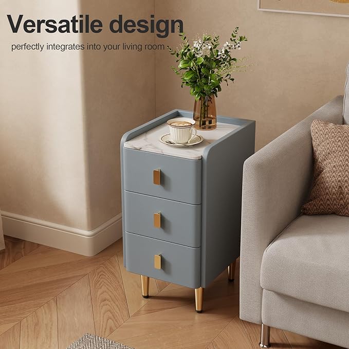 Narrow Nightstand with Drawers, Narrow Side Table Leather, Small Bedside Tables for Bedroom. (Dark Gray)