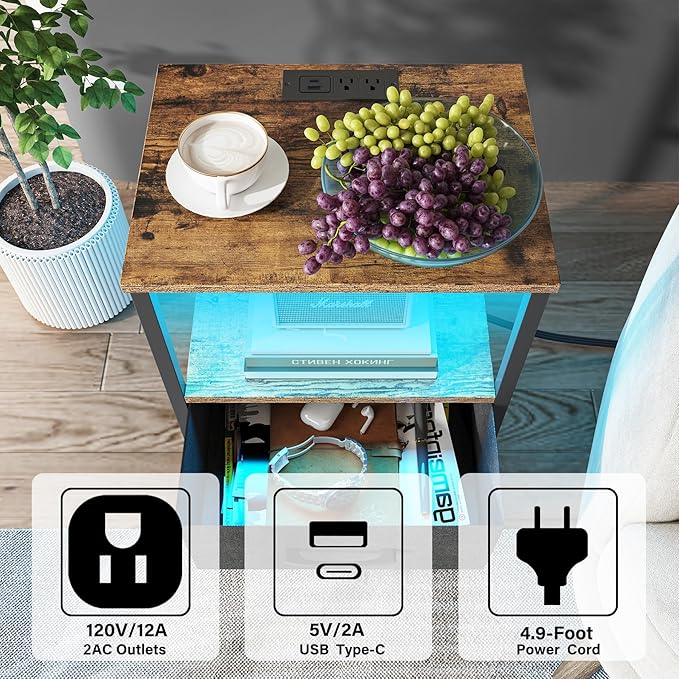 TUTOTAK LED End Table with Charging Station, Nightstand with Cloth Drawer, Side Table with 1 USB Port and 1 Type-C Port, Set of 2, Couch Table, Brown and Black TB01BB052KL