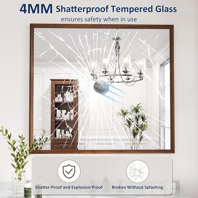 WEER Bathroom Mirror, 40x36 Inch Wall Mirror, Walnut Wood Grain Framed Mirror, Rectangle Vanity Mirror, Tempered Glass, Anti-Rust, Hangs Horizontally or Vertically