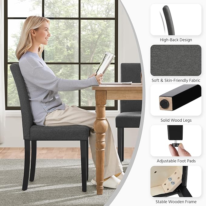 Yaheetech Dining Chairs Set of 4 Fabric Parson Upholstered Kitchen Chairs with Padded Seat and Solid Wood Legs for Dining Room/Restaurant, Armless Design, Dark Grey