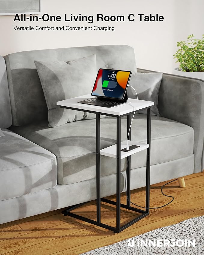 Innerjoin Side Table with Charging Station Set of 2, C Shaped End Table with LED Light Strip, Fast Charge USB A&C Ports, Small Sofa Snack Laptop Side Table for Living Room Bedroom, White