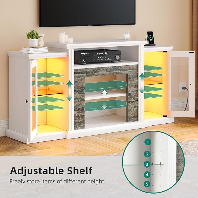 YITAHOME Modern TV Stand for 65 Inch TV, LED Entertainment Center with Power Outlets, Media Console TV Cabinet with Adjustable Shelves & Glass Door for Living Room, White, 59'' TV Stand
