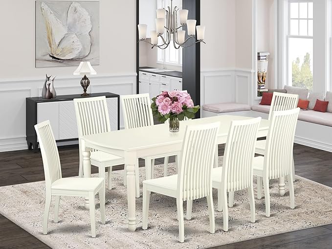 East West Furniture DOIP9-LWH-W 9 Piece Dining Set Includes a Rectangle Dining Table with Butterfly Leaf and 8 Kitchen Chairs, 42x78 Inch, Linen White