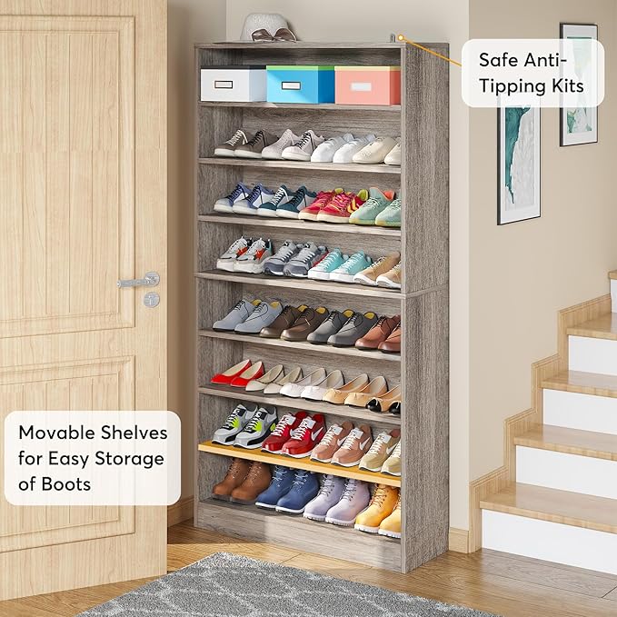 Tribesigns Tall Shoe Cabinet, 9 Tiers 40-45 Pairs Heavy Duty Wood Freestanding Shoe Storage Cabinet, 70.8'' Tall Shoe Cabinet with Open Storage for Entryway (Beige Gray)
