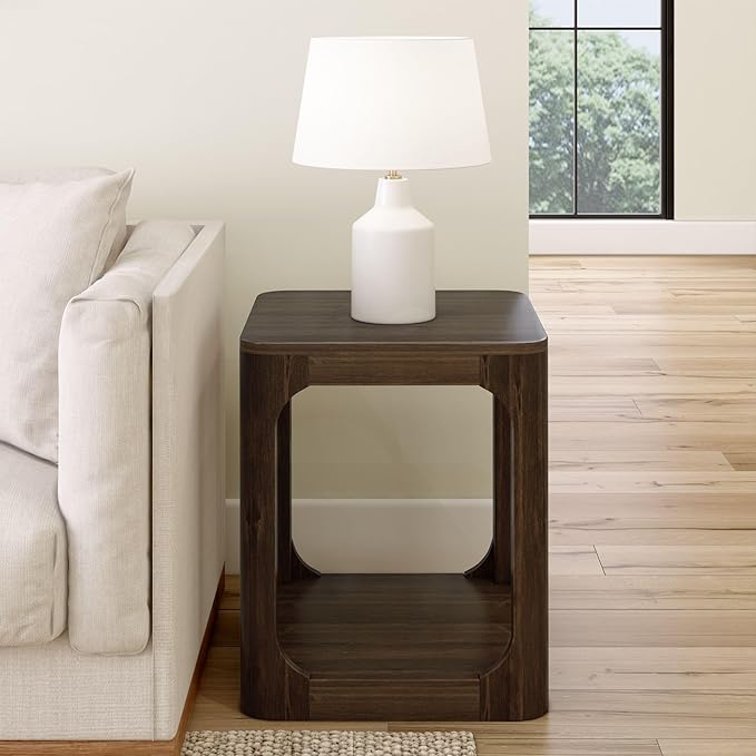Plank+Beam Modern Rounded Square Side Table with Shelf, Solid Wood End Table for Living Room, 20in, Walnut