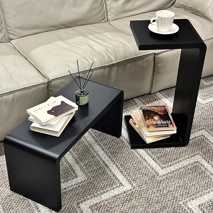 C Shaped End Table, Solid Wood C Side Table for Couch Sofa and Bed, Sofa Tables That Slide Under for Space Saving, Small Snack C Tables for Living Room Bedroom (H 24.4″ - Black, 1)