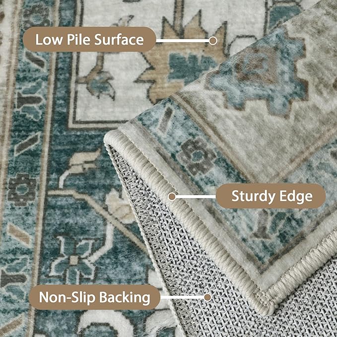 GENIMO 8x10 Area Rugs for Living Room, Machine Washable Non Slip Vintage Rugs, Low Pile Lightweight Chenille Print Rug for Bedroom, Dining Room, Home Office,Ash Blue