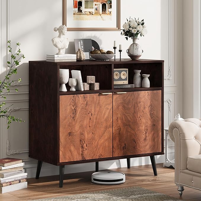 GarveeHome Buffet Cabinet with Drawers, 31.5'' Large Sideboard Buffet Credenza Storage Cabinet with Shelves and Doors, Coffee Station Cabinet with Metal Handle, Robot Vacuum Friendly (Walnut)