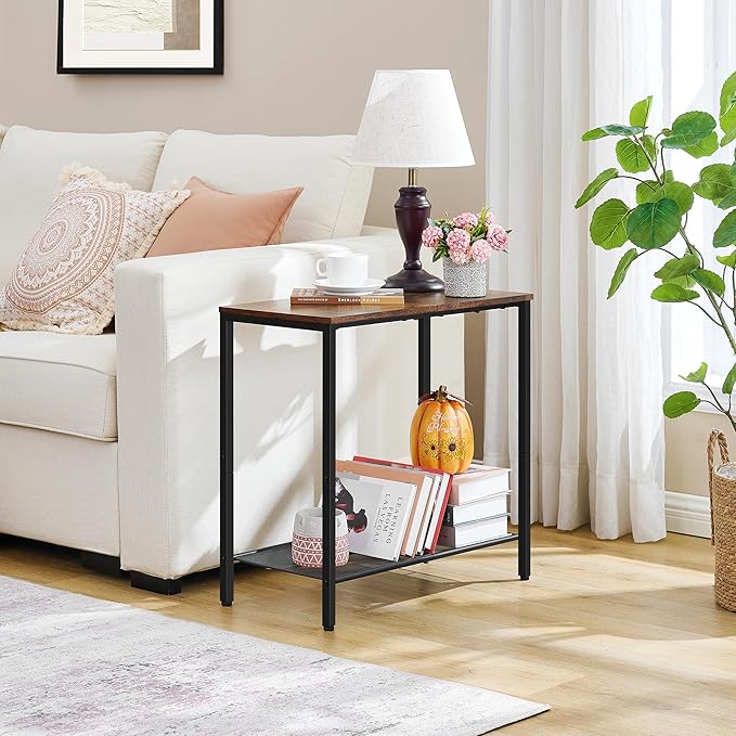 Hoctieon 2 Tier End Table, Sofa Side Table, Narrow Side Table with Storage, Slim Nightstand for Small Spaces, Metal Frame, for Living Room, Bedroom, Sofa Couch, Hall, Rustic Brown, 2 Set