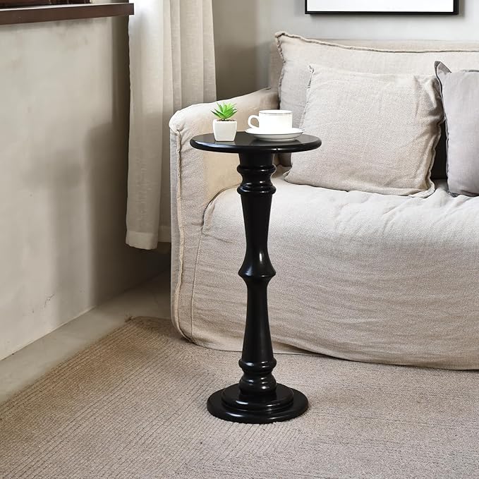 SwallowLiving Small Round Side Table, Tall End Tables Living Room, Narrow Night Stand for Small Spaces, Sofa Couch, Bedroom & Office, Modern Wooden Beside Table Home Decor (Black, 12" x 25")